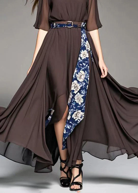 Style Chocolate Asymmetrical Patchwork Print Chiffon Ankle Dress Summer - Image 4