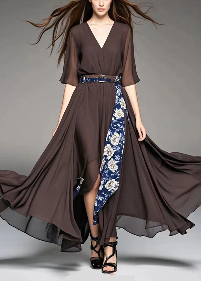 Style Chocolate Asymmetrical Patchwork Print Chiffon Ankle Dress Summer - Image 5
