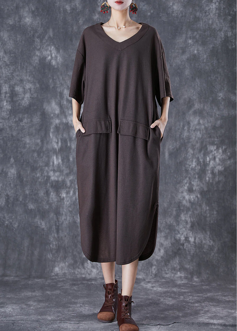 Style Chocolate Oversized Side Open Cotton Long Dress Summer - Image 3