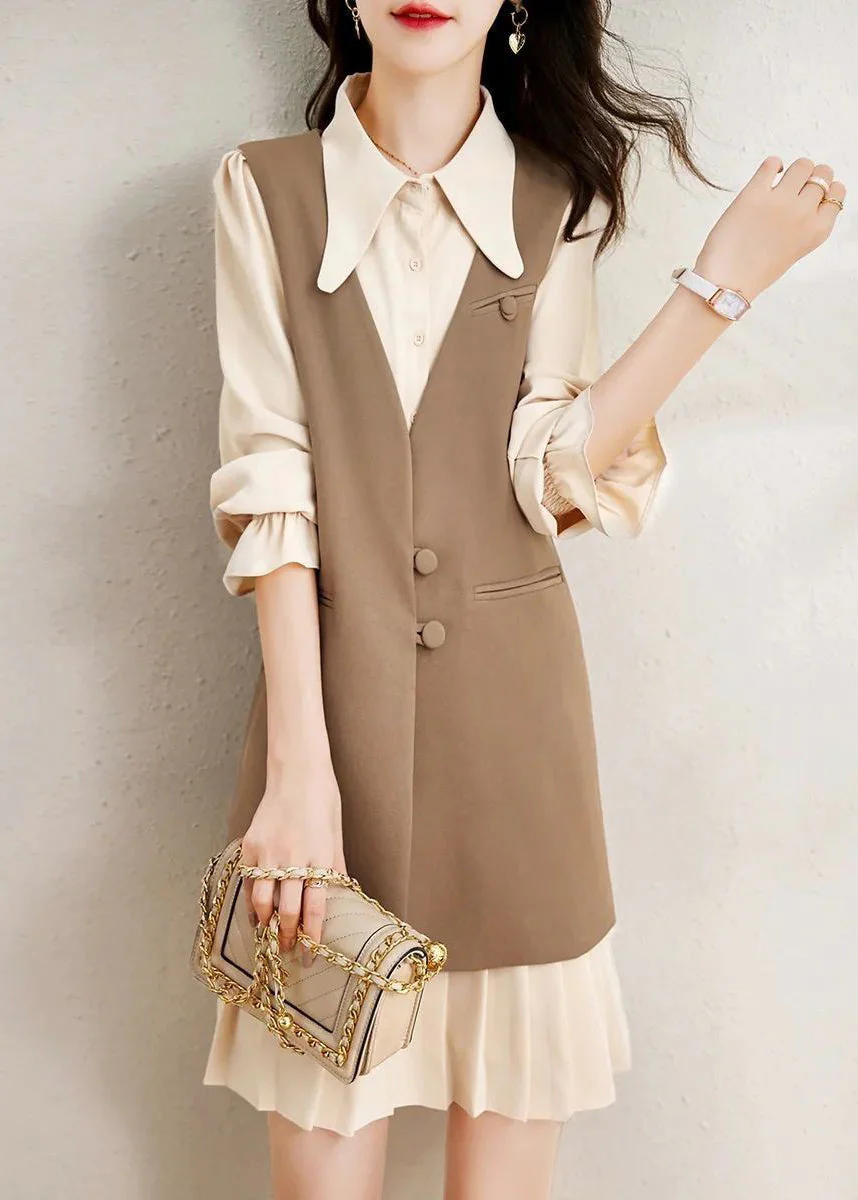 Style Coffee Button Patchwork Waistcoat Dnd Dresses Two Piece Set Fall - Image 2
