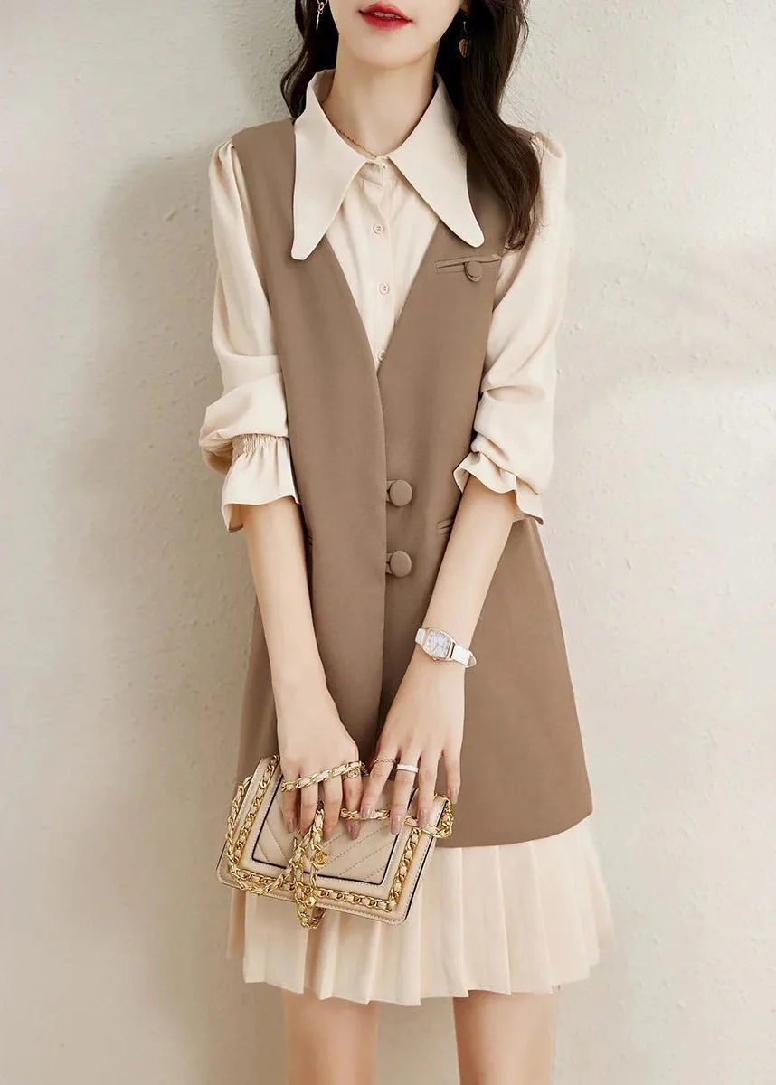 Style Coffee Button Patchwork Waistcoat Dnd Dresses Two Piece Set Fall - Image 3