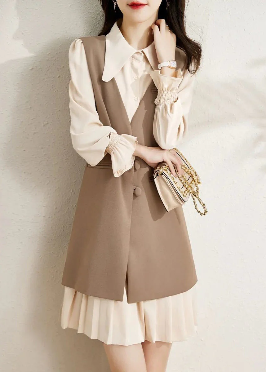 Style Coffee Button Patchwork Waistcoat Dnd Dresses Two Piece Set Fall - Image 4