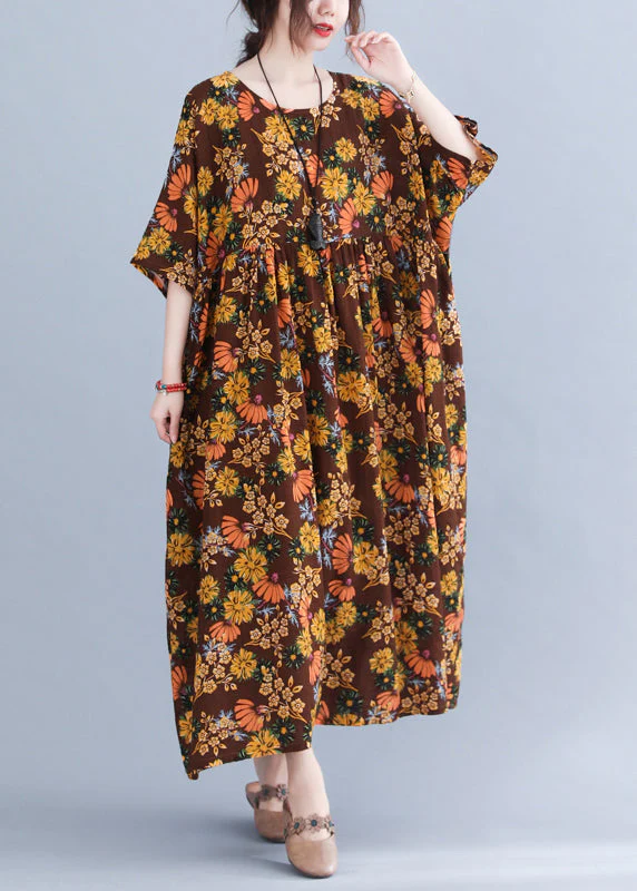 Style Chocolate O-Neck Cinched Print Holiday Dress Half Sleeve - Image 2