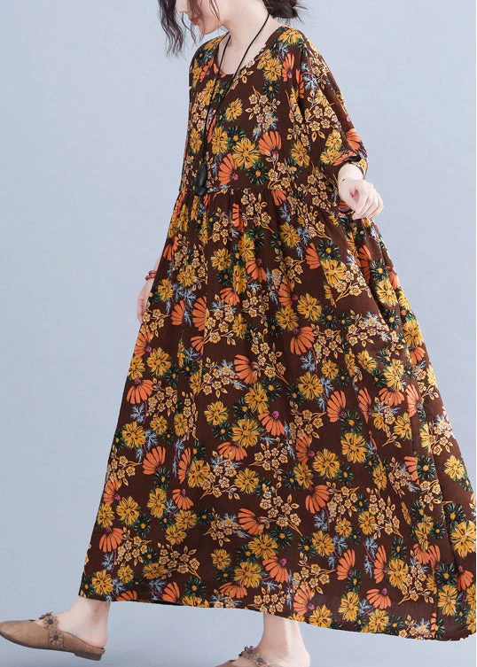 Style Chocolate O-Neck Cinched Print Holiday Dress Half Sleeve - Image 4
