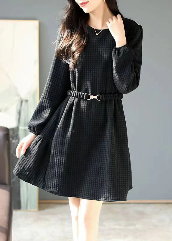 Style Coffee Plaid Patchwor Sashes Mid Dress Fall - Image 2