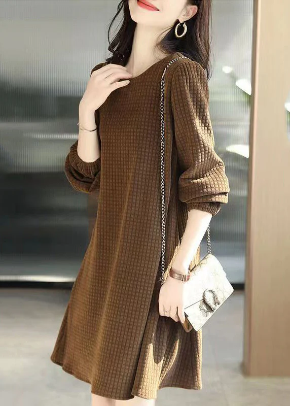 Style Coffee Plaid Patchwor Sashes Mid Dress Fall - Image 3
