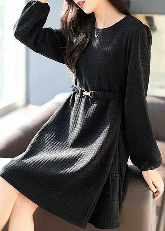 Style Coffee Plaid Patchwor Sashes Mid Dress Fall - Image 4