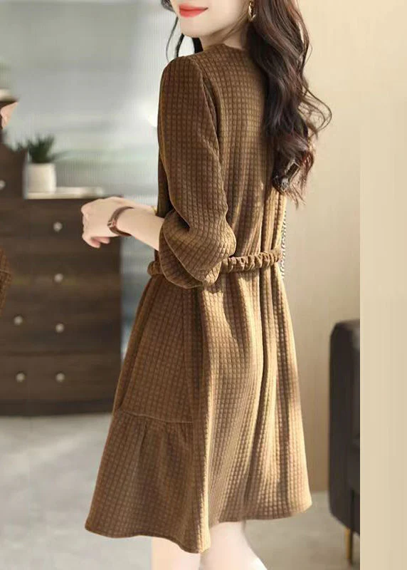 Style Coffee Plaid Patchwor Sashes Mid Dress Fall - Image 5
