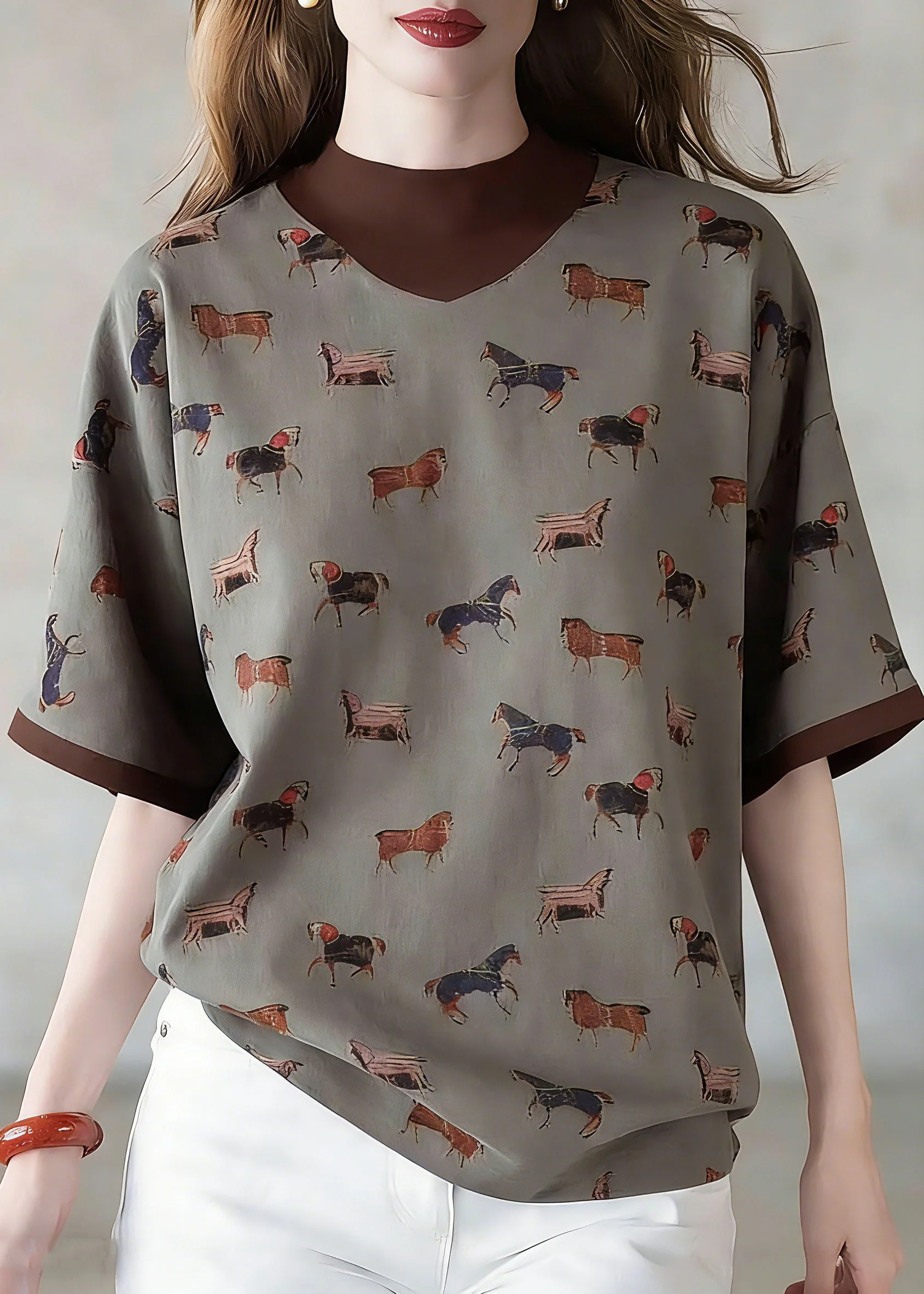 Style Coffee Print Fake Two-Piece Top Short Sleeve - Image 3