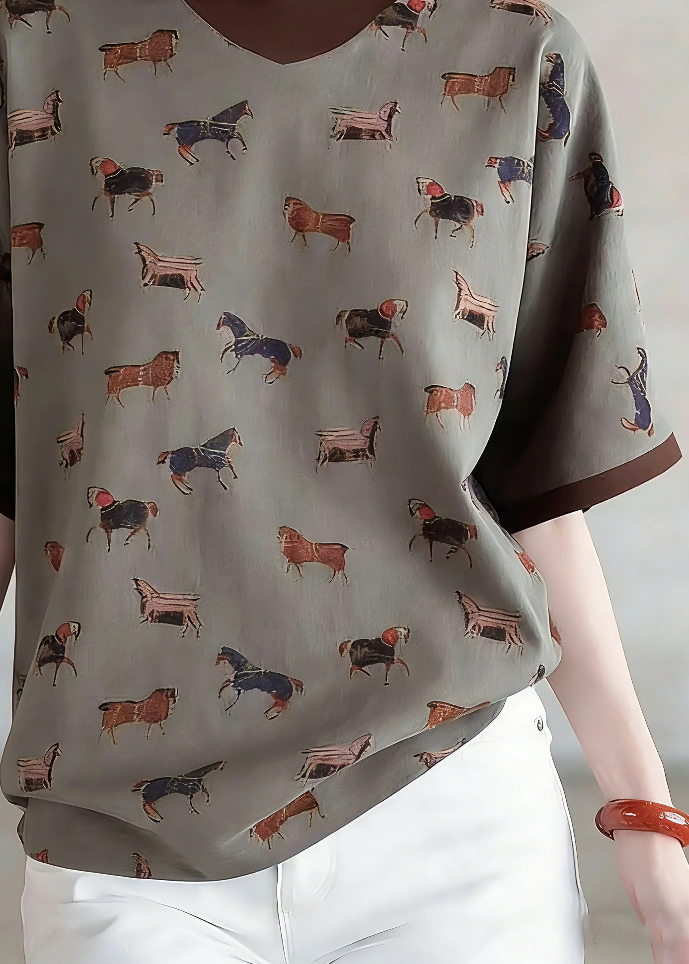 Style Coffee Print Fake Two-Piece Top Short Sleeve - Image 4