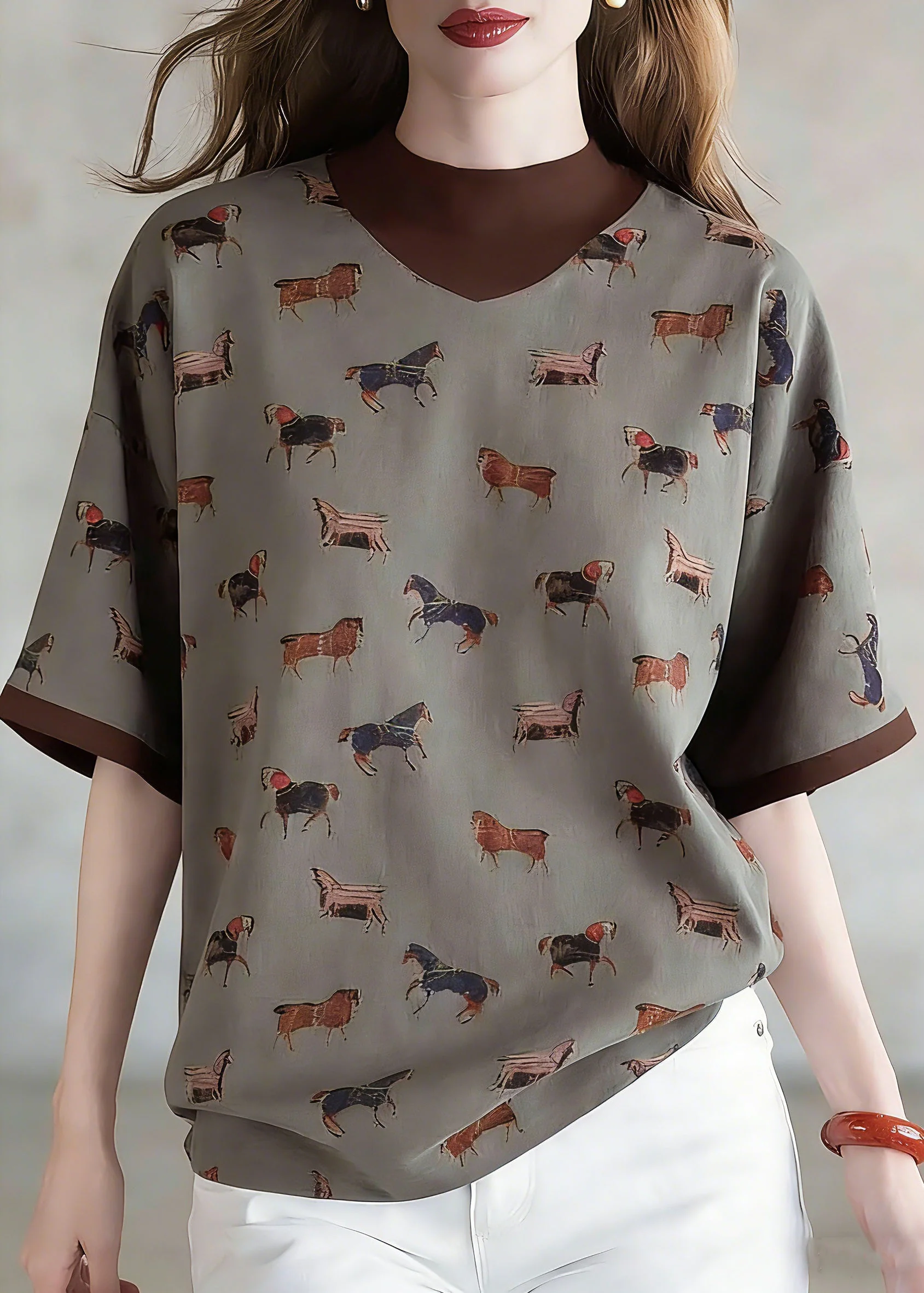 Style Coffee Print Fake Two-Piece Top Short Sleeve - Image 5