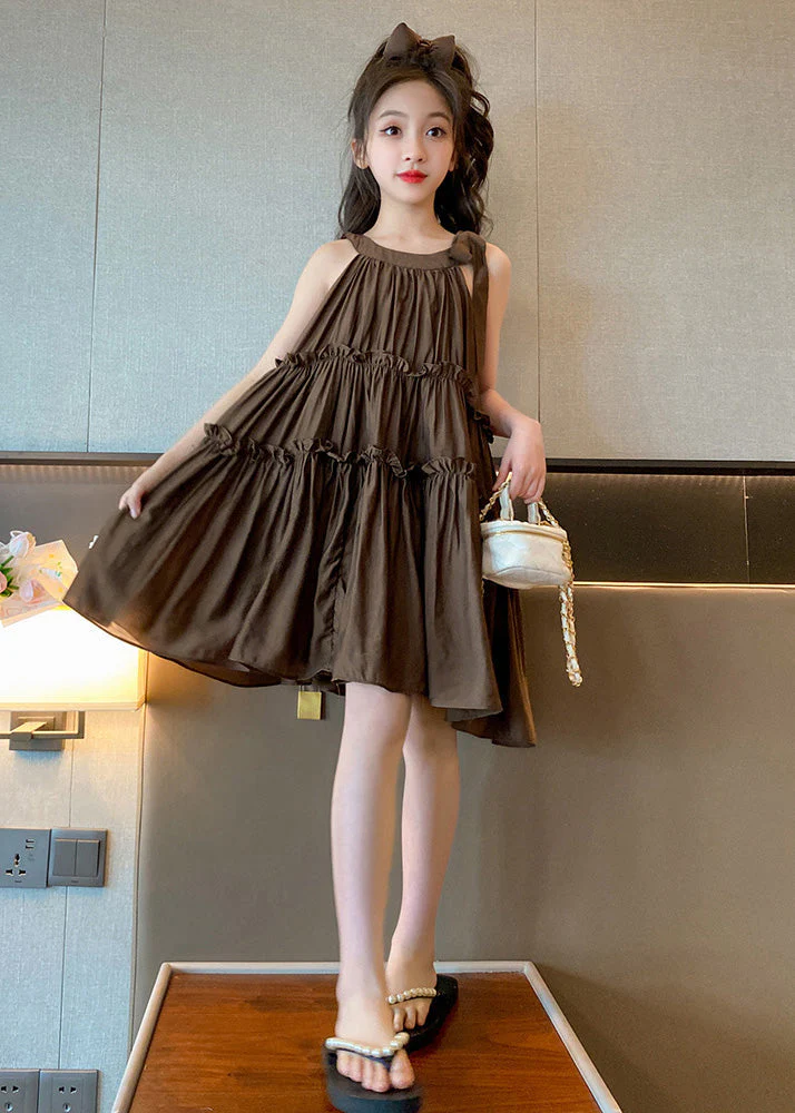 Style Coffee Ruffled Patchwork Solid Slip Mid Dresses Summer - Image 3