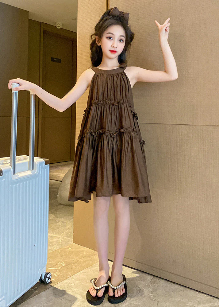Style Coffee Ruffled Patchwork Solid Slip Mid Dresses Summer - Image 4