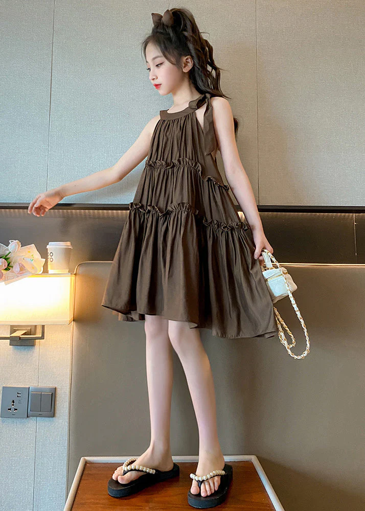 Style Coffee Ruffled Patchwork Solid Slip Mid Dresses Summer - Image 5