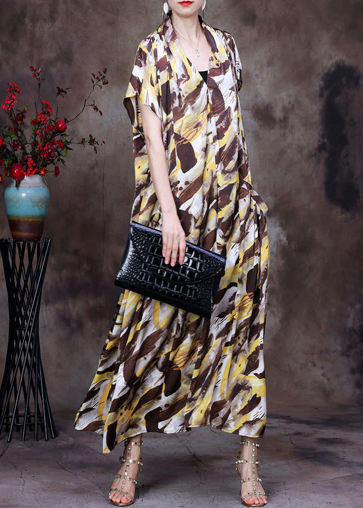 Style Chocolate Yellow V Neck Camouflage Print Silk Holiday Long Dress Short Sleeve - Image 2