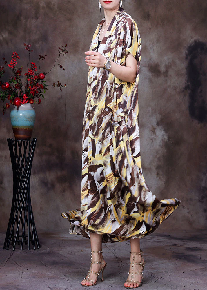 Style Chocolate Yellow V Neck Camouflage Print Silk Holiday Long Dress Short Sleeve - Image 3