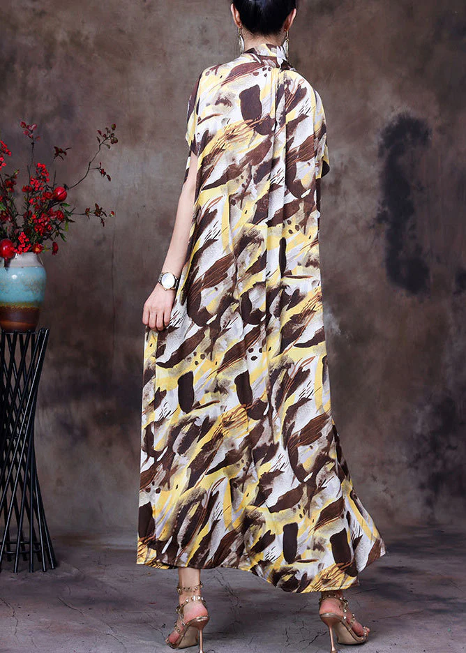 Style Chocolate Yellow V Neck Camouflage Print Silk Holiday Long Dress Short Sleeve - Image 4