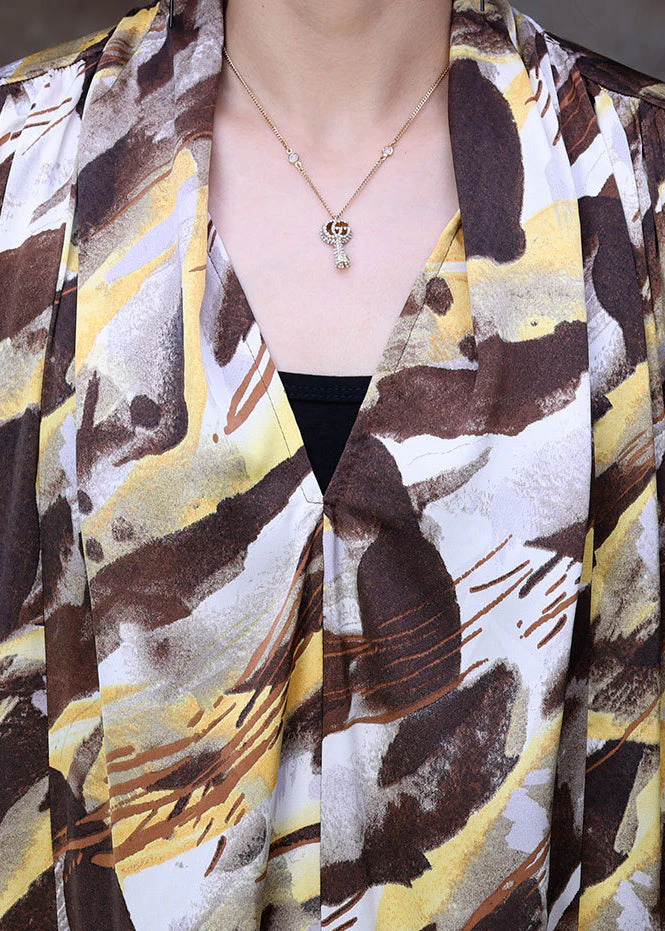 Style Chocolate Yellow V Neck Camouflage Print Silk Holiday Long Dress Short Sleeve - Image 5