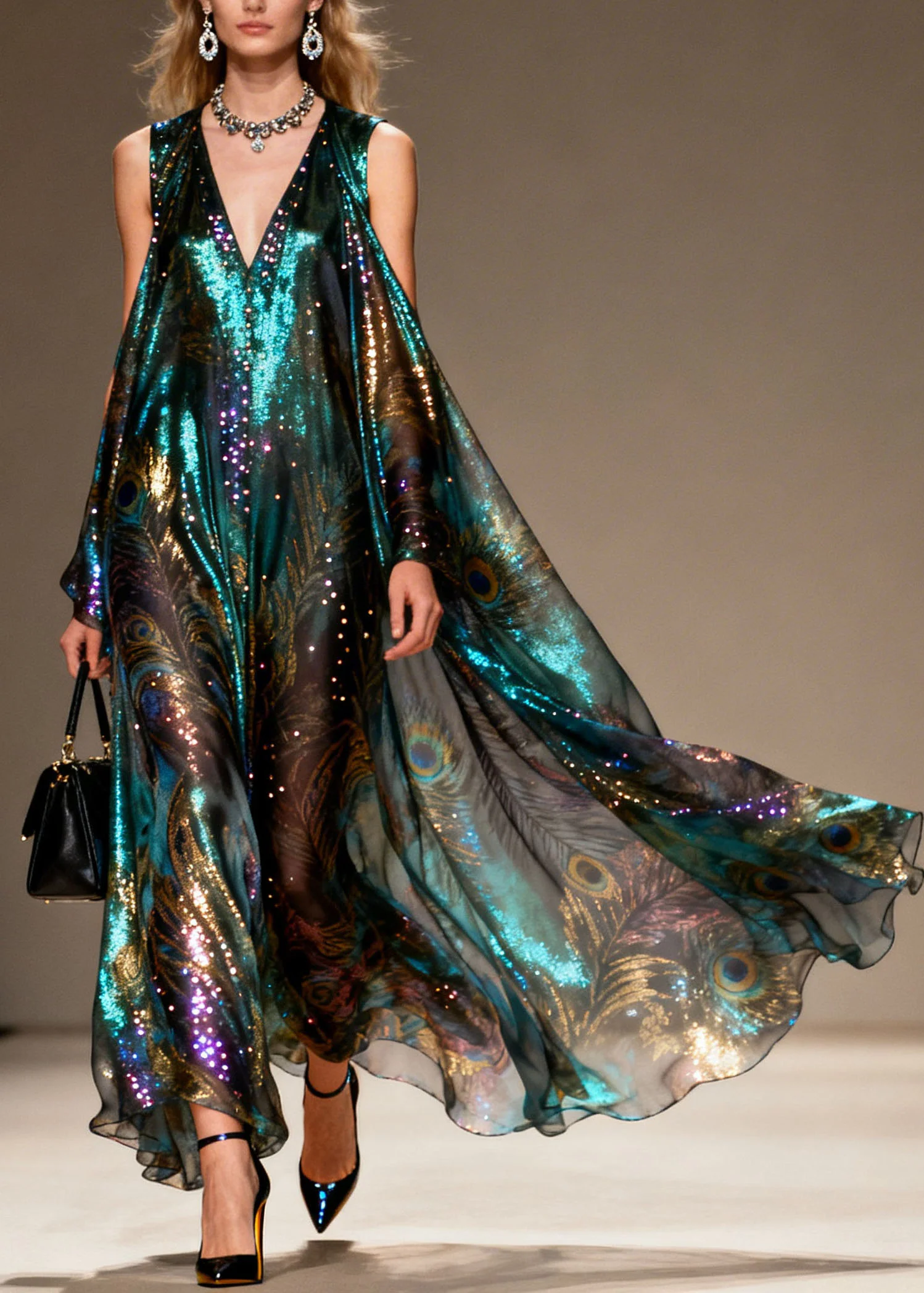 Style Cold Shoulder Print Zircon Chiffon Maxi Dresses Summer - Image 3