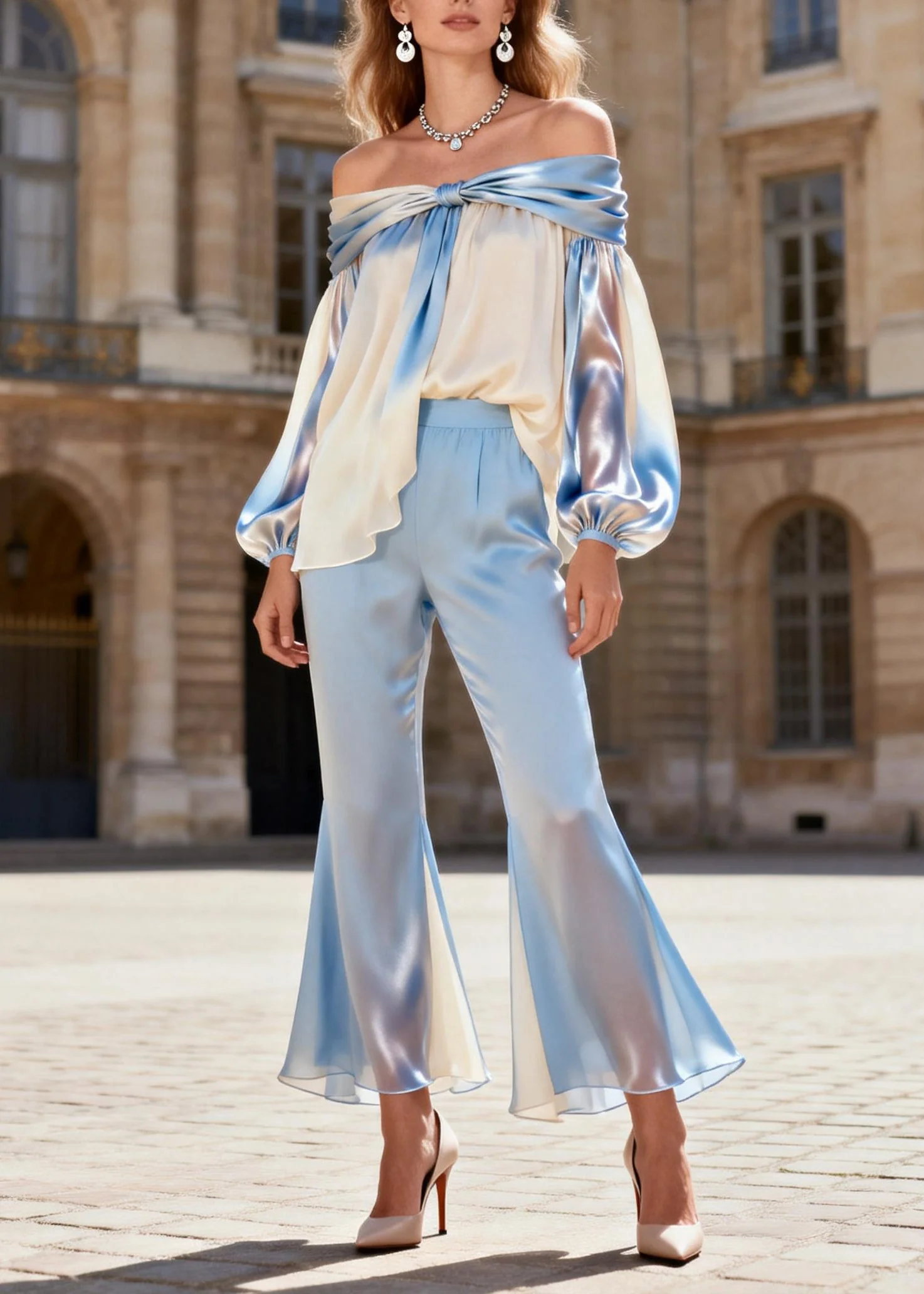 Style Cold Shoulder Wrinkled Silk Two Piece Set Spring