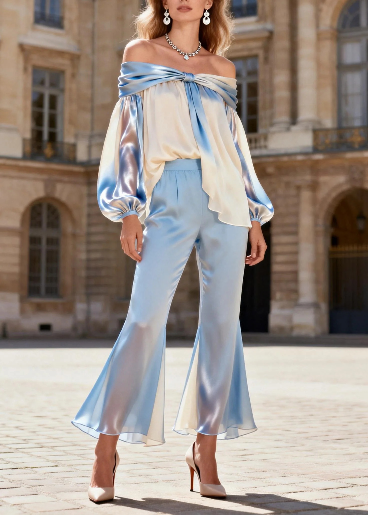 Style Cold Shoulder Wrinkled Silk Two Piece Set Spring - Image 3