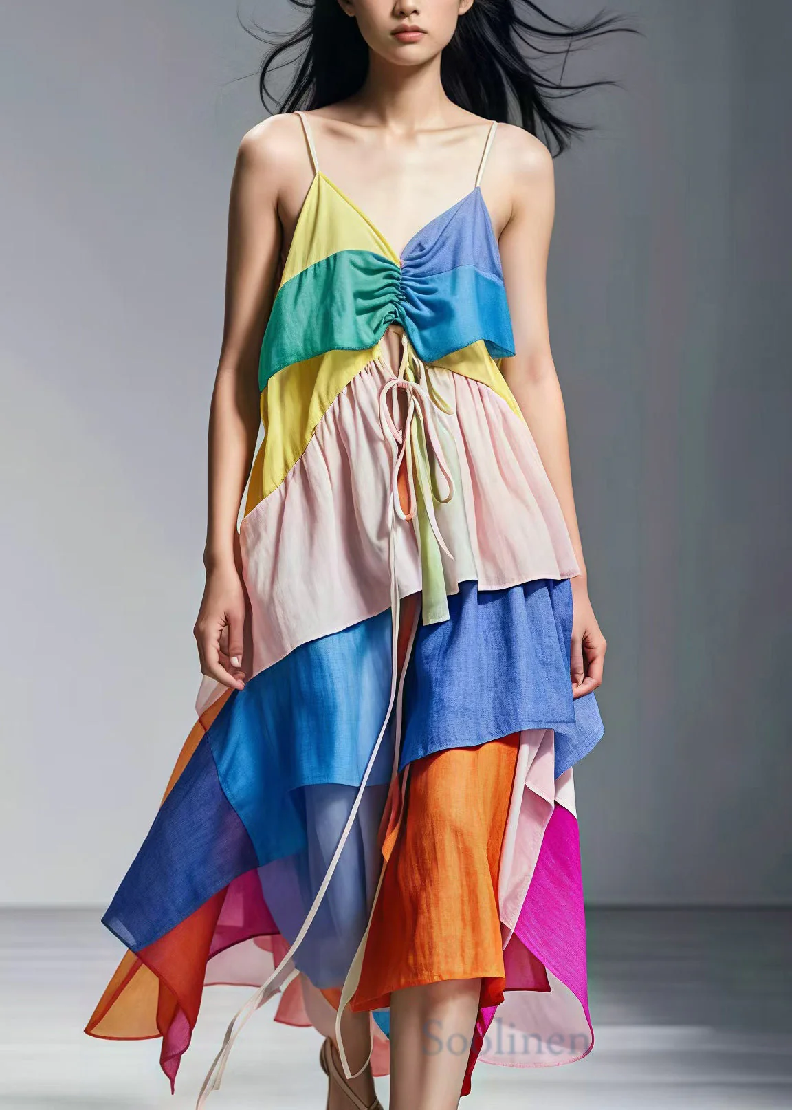 Style Colorblock Cinched Patchwork Cotton Sundress Summer - Image 2