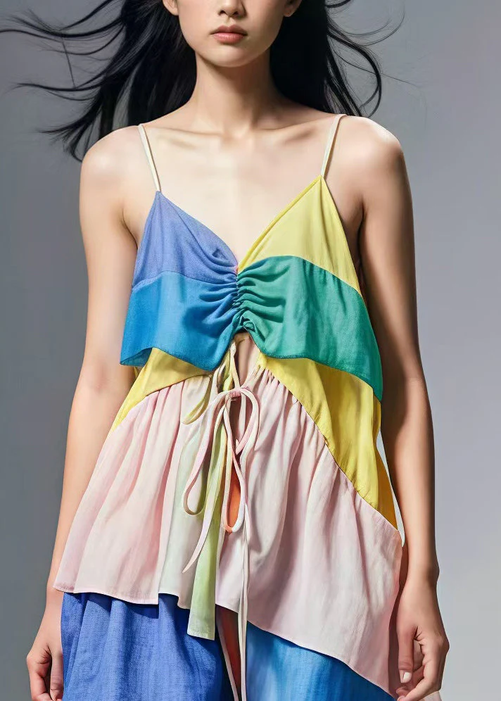 Style Colorblock Cinched Patchwork Cotton Sundress Summer - Image 3