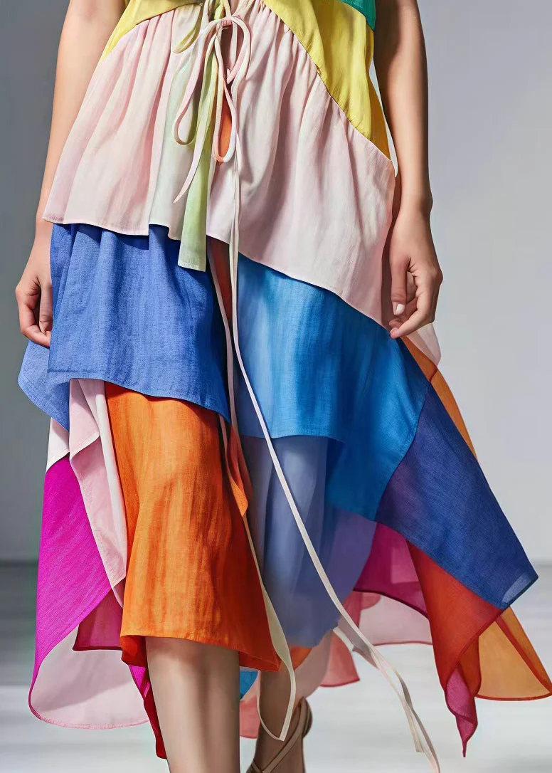 Style Colorblock Cinched Patchwork Cotton Sundress Summer - Image 5