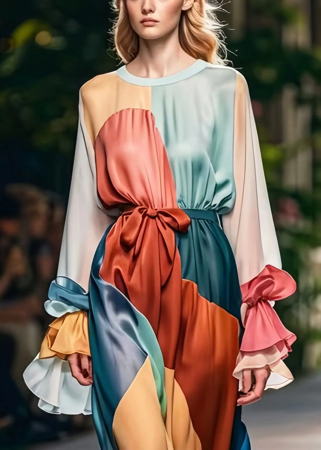 Style Colorblock Cinched Patchwork Silk Holiday Dress Petal Sleeve - Image 2