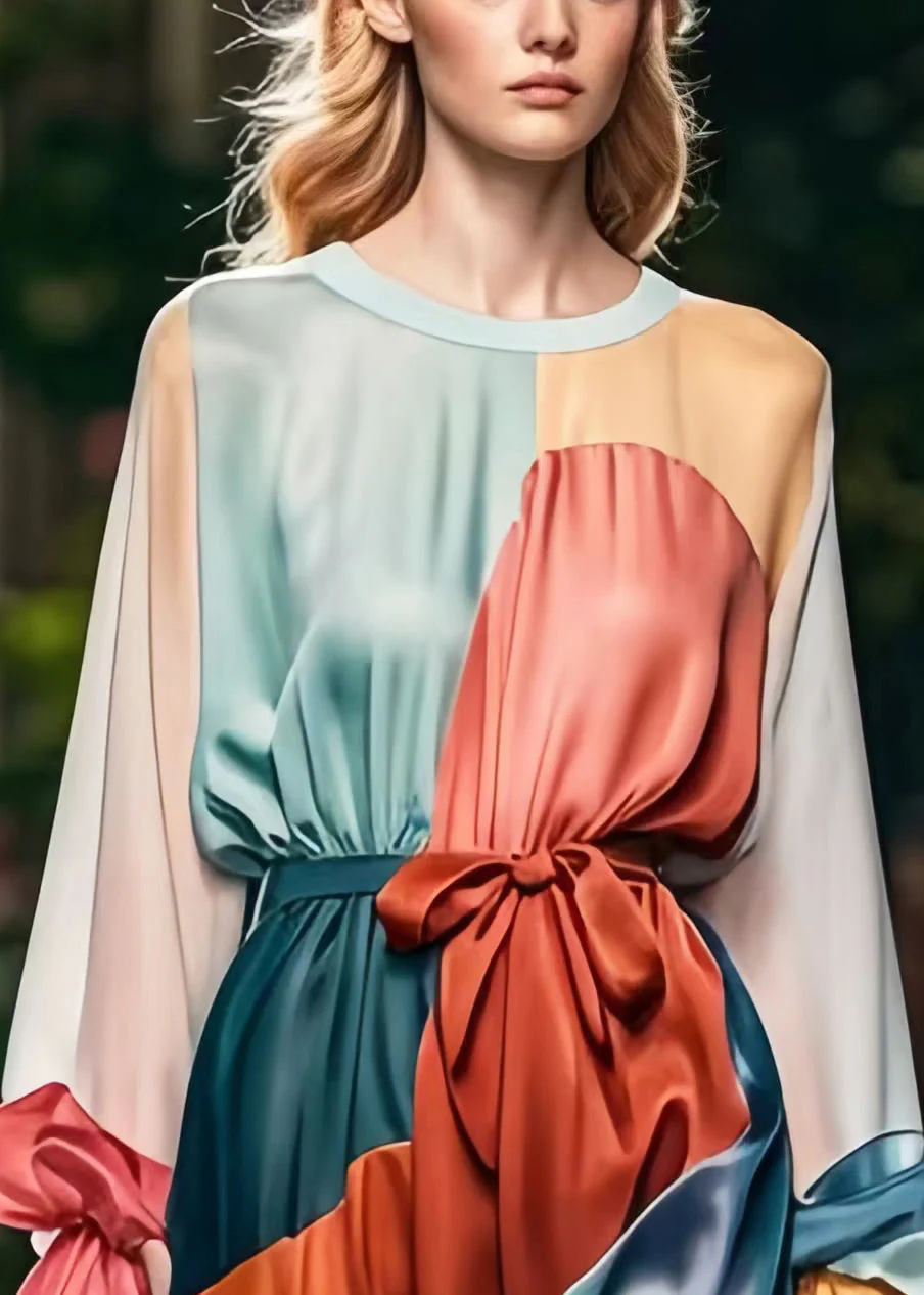 Style Colorblock Cinched Patchwork Silk Holiday Dress Petal Sleeve - Image 3