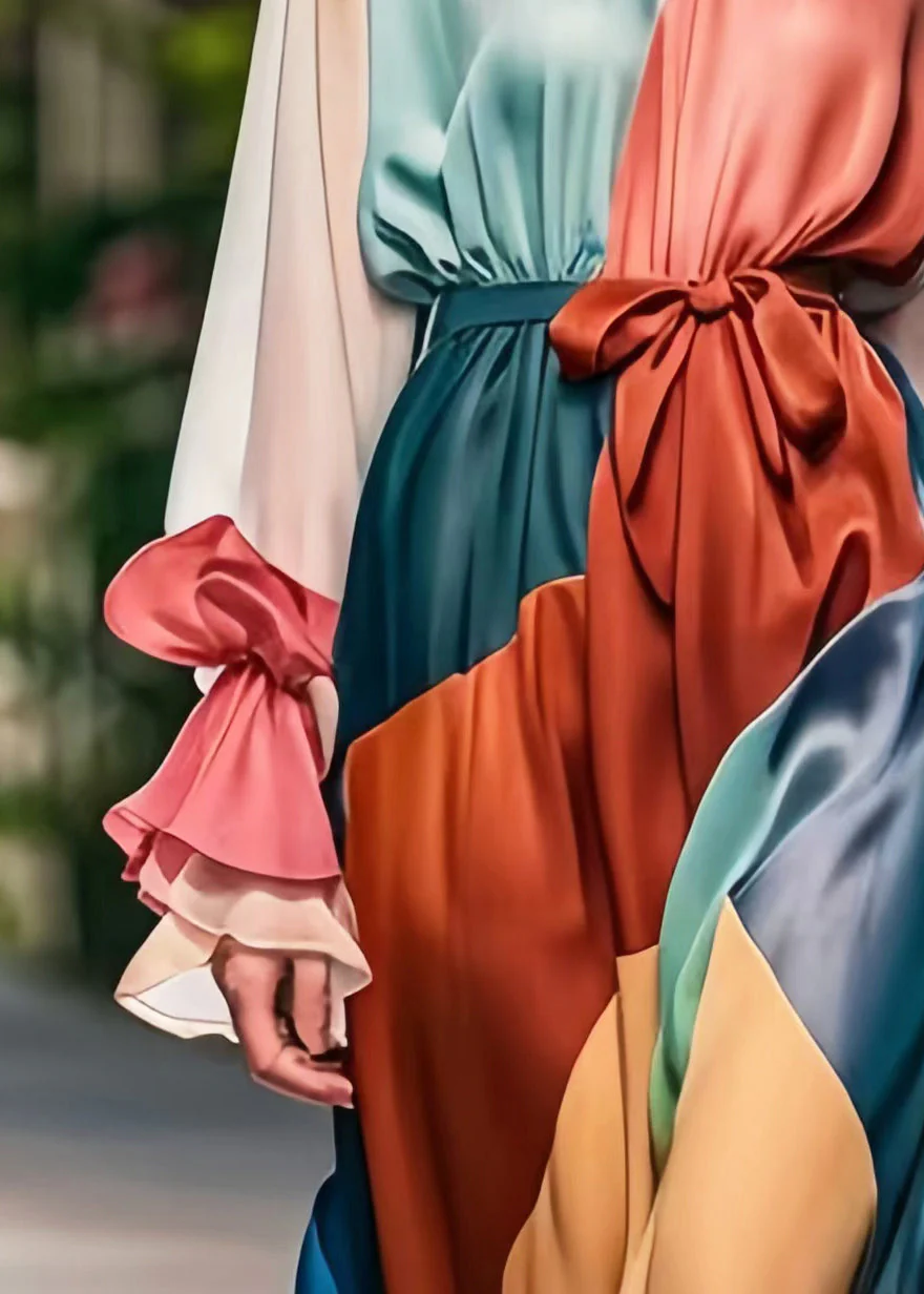 Style Colorblock Cinched Patchwork Silk Holiday Dress Petal Sleeve - Image 4