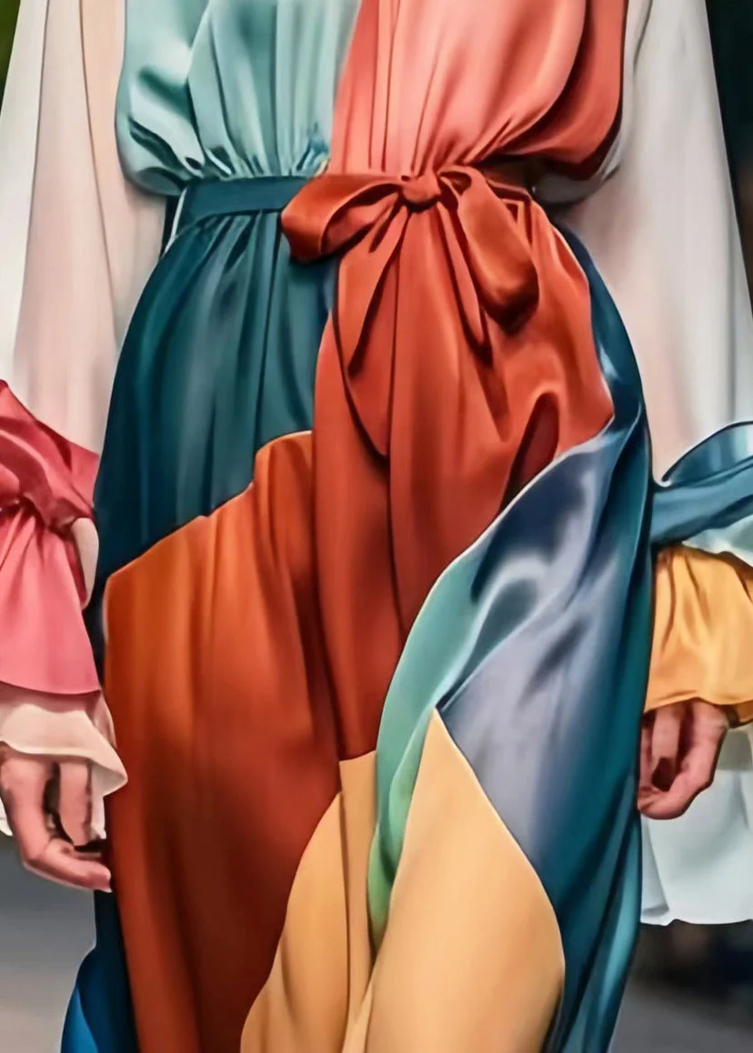 Style Colorblock Cinched Patchwork Silk Holiday Dress Petal Sleeve - Image 5
