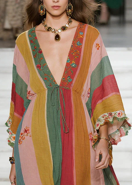 Style Colorblock Deep-V Neck Striped Cotton Holiday Dresses Spring - Image 2