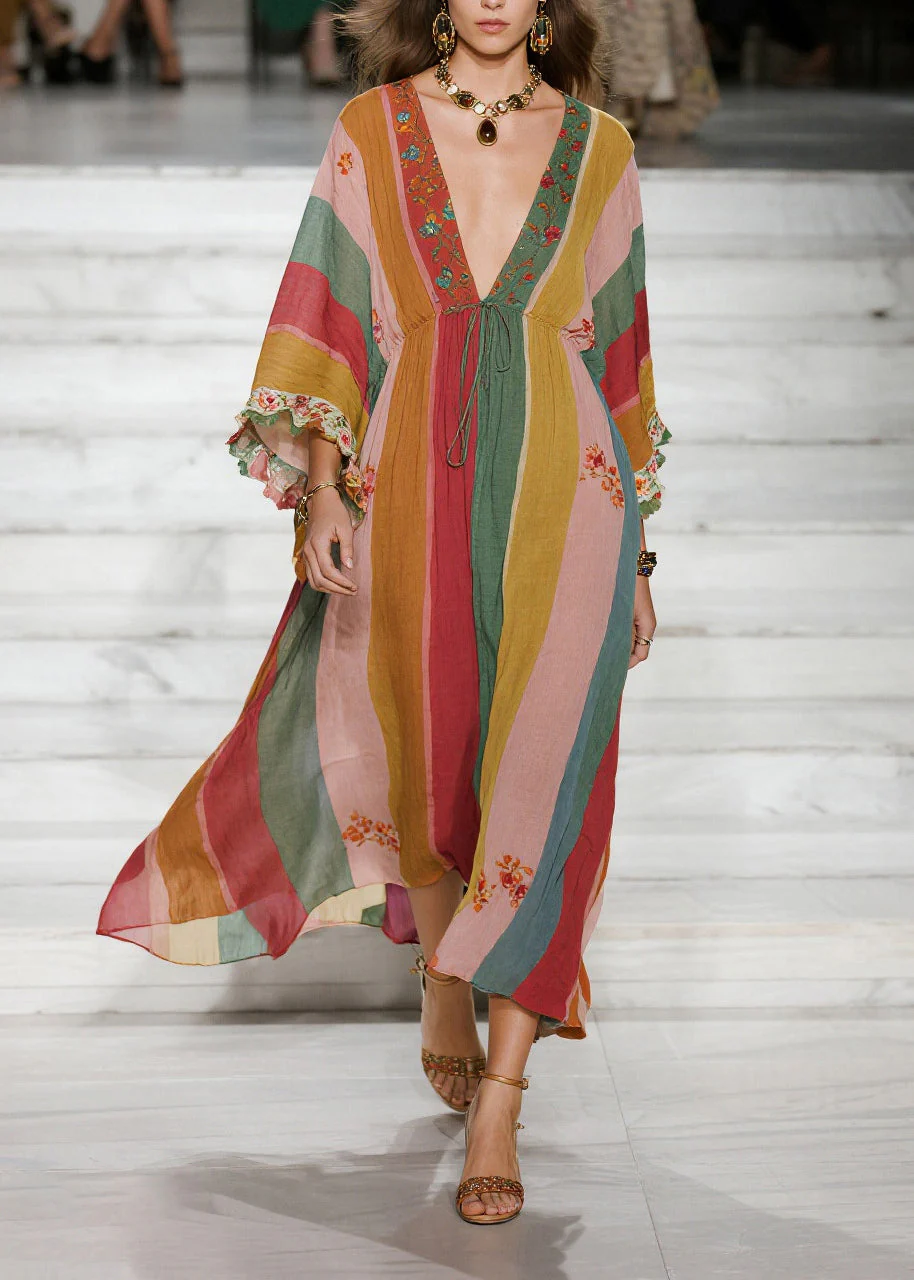 Style Colorblock Deep-V Neck Striped Cotton Holiday Dresses Spring - Image 3