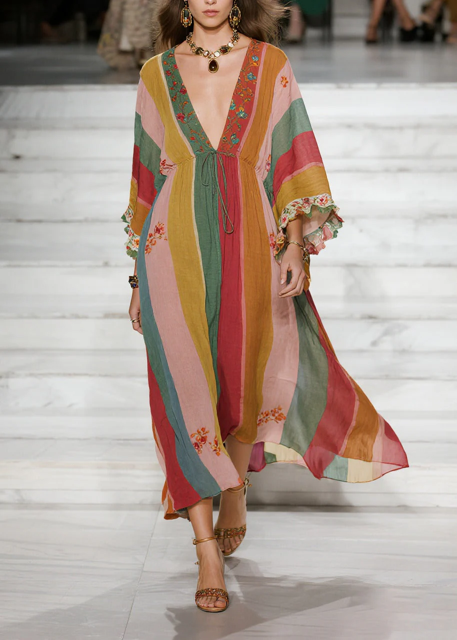 Style Colorblock Deep-V Neck Striped Cotton Holiday Dresses Spring - Image 5
