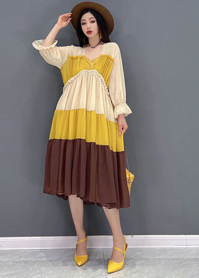 Style Colorblock Patchwork Chiffon Pleated Mid Dresses Long Sleeve