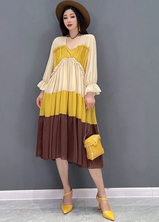 Style Colorblock Patchwork Chiffon Pleated Mid Dresses Long Sleeve - Image 2