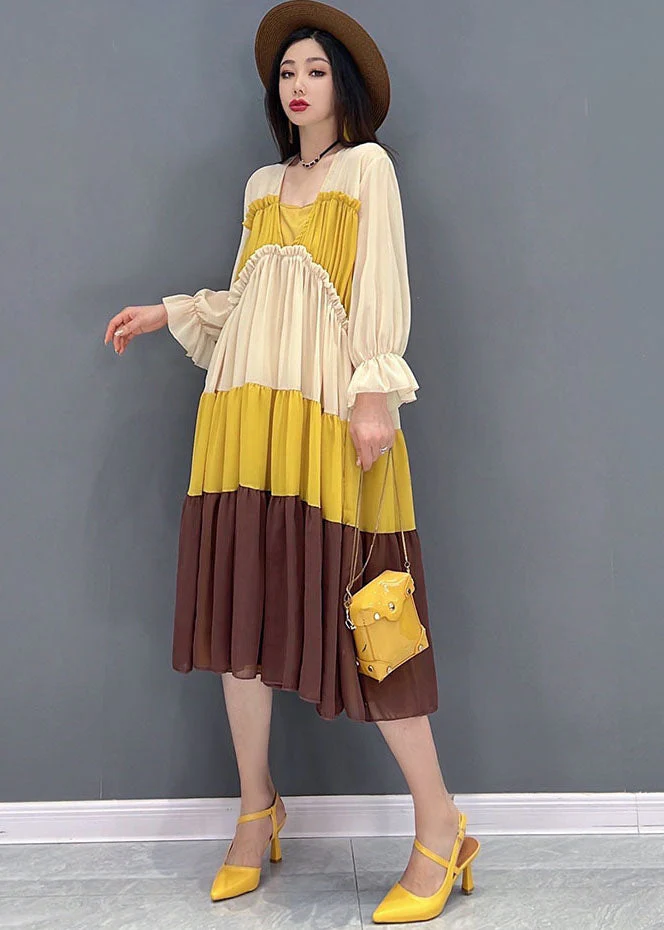 Style Colorblock Patchwork Chiffon Pleated Mid Dresses Long Sleeve - Image 3