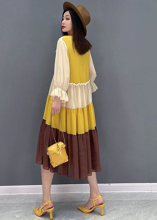 Style Colorblock Patchwork Chiffon Pleated Mid Dresses Long Sleeve - Image 4