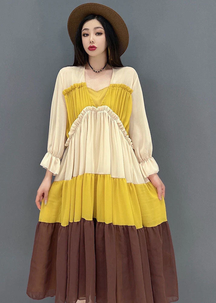Style Colorblock Patchwork Chiffon Pleated Mid Dresses Long Sleeve - Image 5