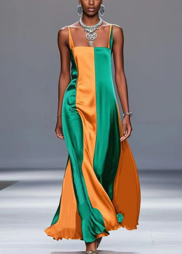 Style Colorblock Patchwork Wrinkled Silk Cami Dresses Summer - Image 3