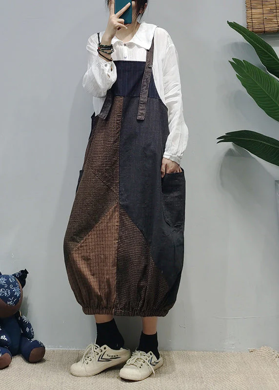 Style Colorblock pockets Patchwork Plaid Cotton Strap Dress Summer - Image 2