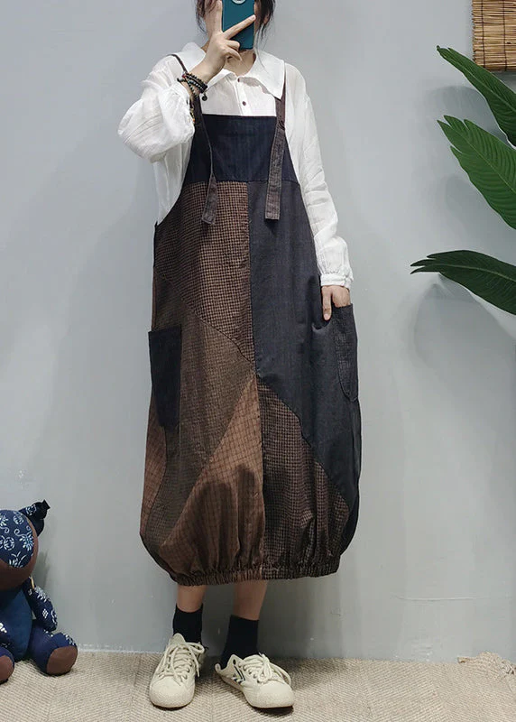 Style Colorblock pockets Patchwork Plaid Cotton Strap Dress Summer - Image 3