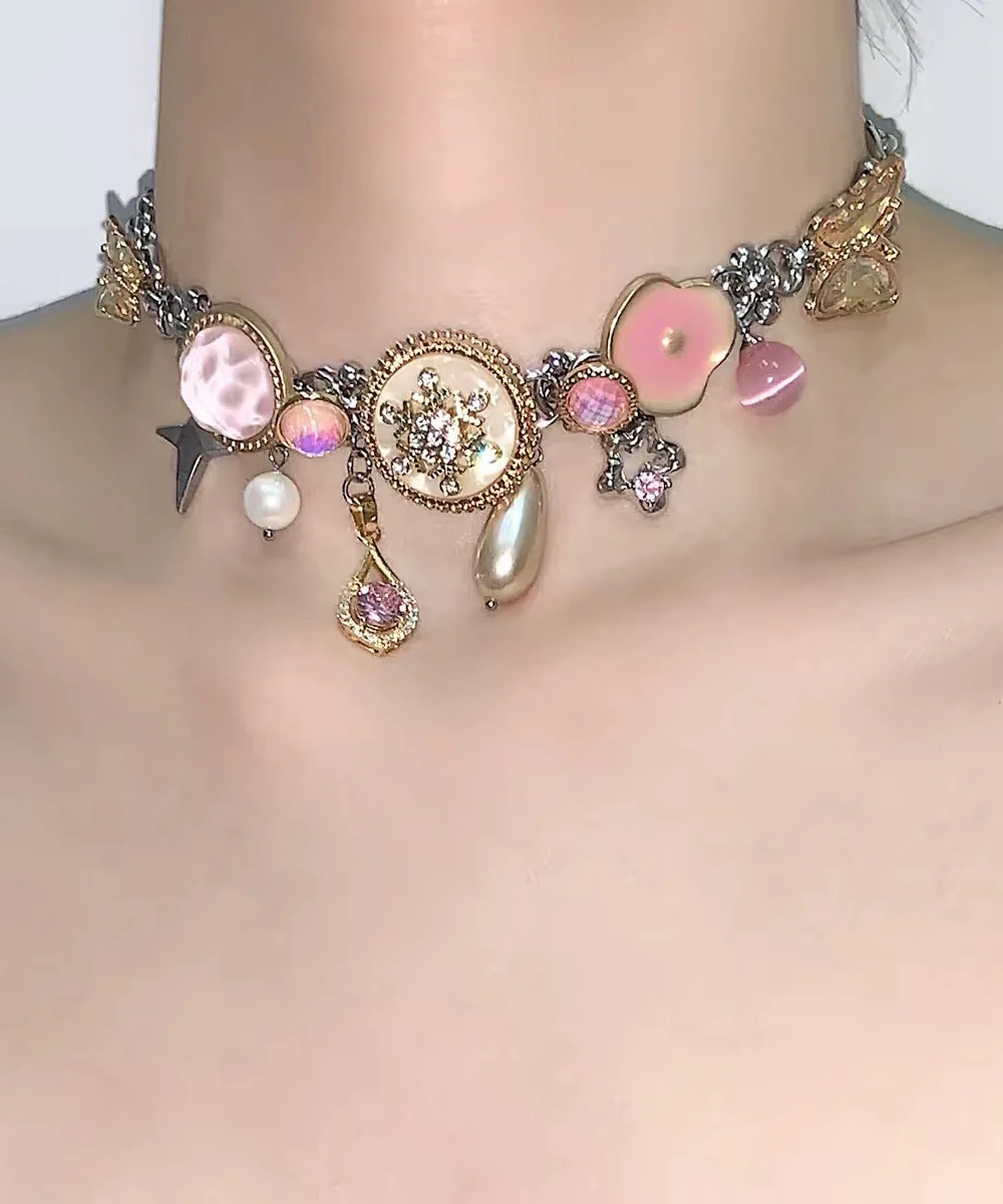 Style Colorblock Stainless Steel Overgild Zircon Pearl Butterfly Pendant Necklace