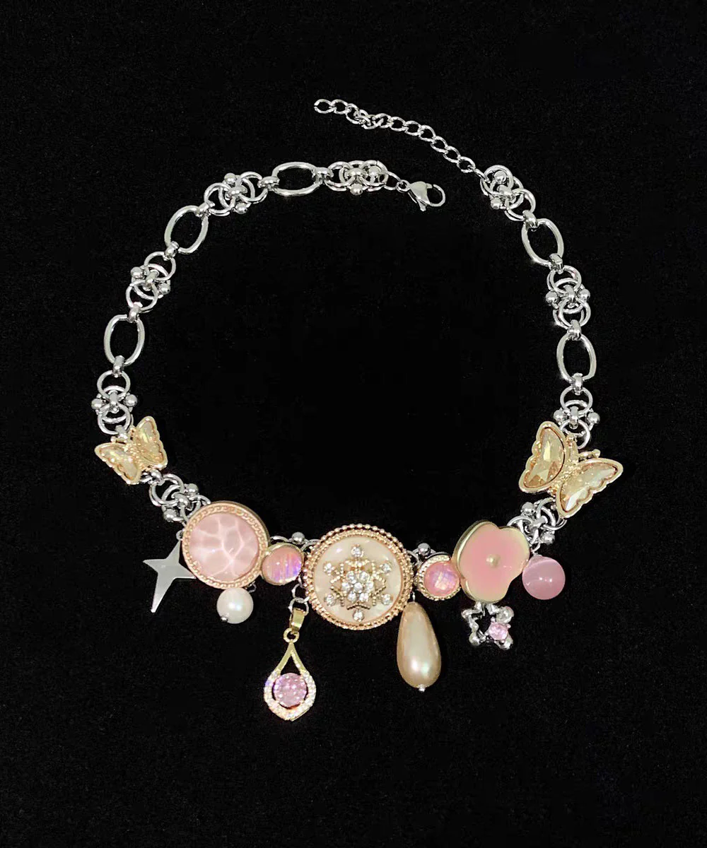 Style Colorblock Stainless Steel Overgild Zircon Pearl Butterfly Pendant Necklace - Image 2