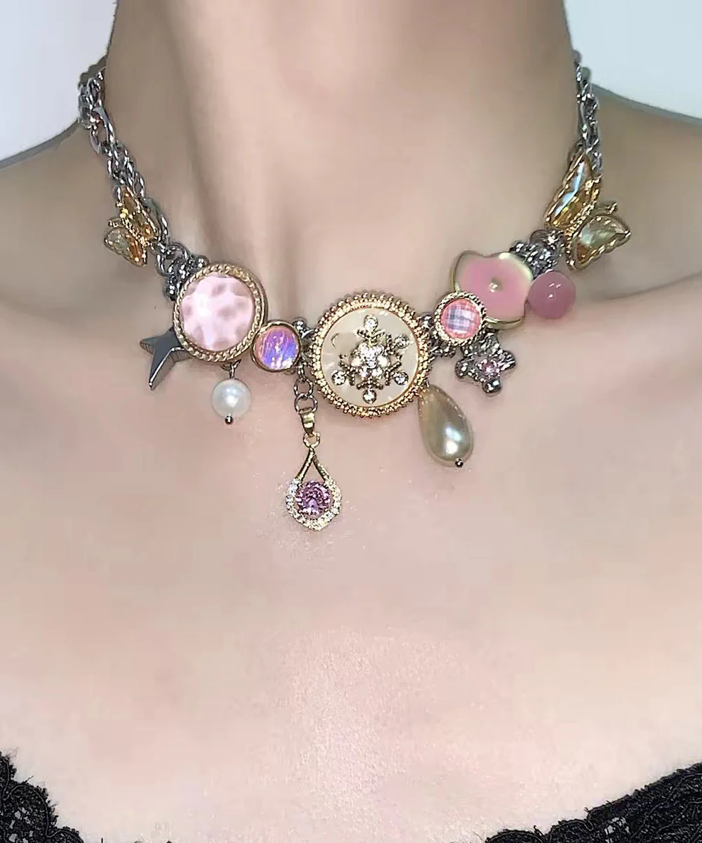Style Colorblock Stainless Steel Overgild Zircon Pearl Butterfly Pendant Necklace - Image 5