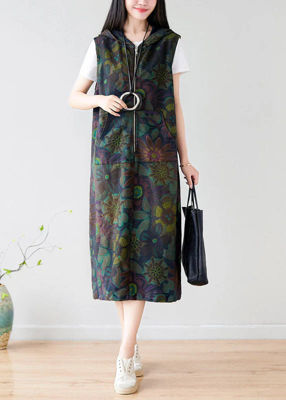 Style Colorblock Zippered Hooded Print Cotton Long Dress Sleeveless - Image 2