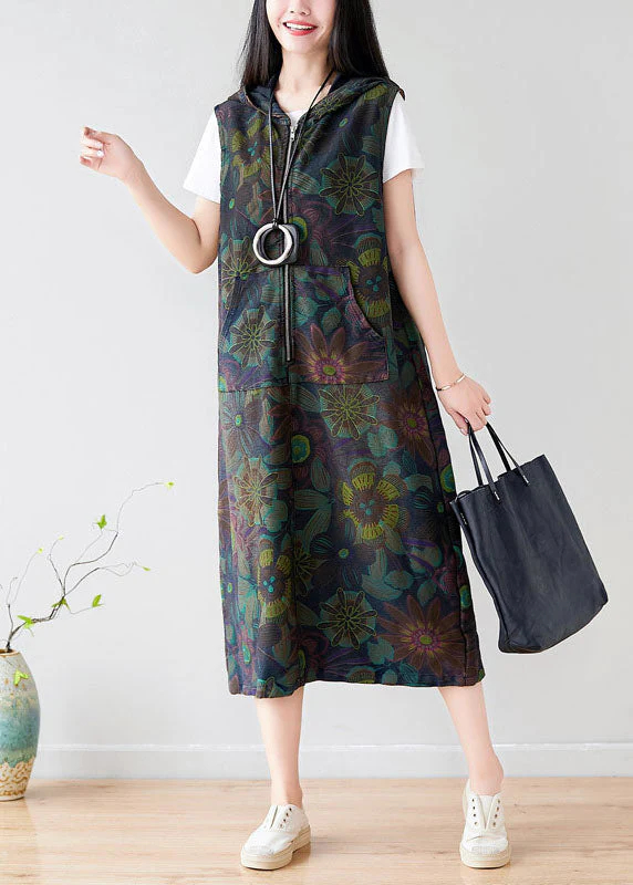 Style Colorblock Zippered Hooded Print Cotton Long Dress Sleeveless - Image 3