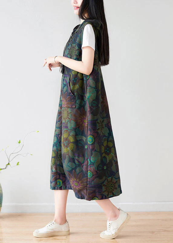 Style Colorblock Zippered Hooded Print Cotton Long Dress Sleeveless - Image 4