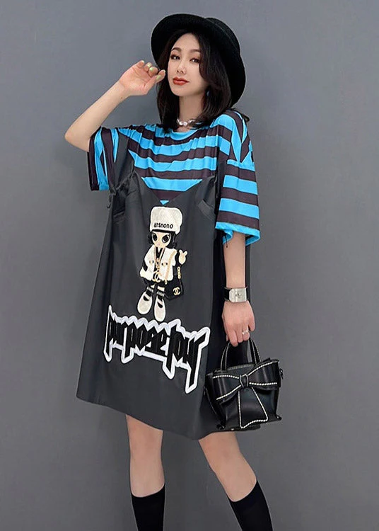 Style Dark Grey O-Neck Cartoon Print Striped Patchwork Dresses Short Sleeve - Image 2